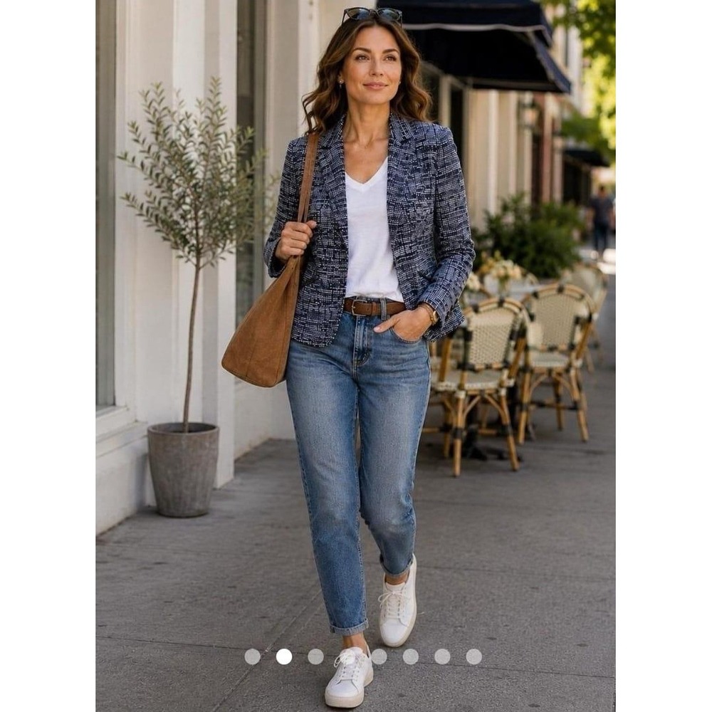 Cabi 723 Navy Blue Textured Knit Zip Front Blazer Jacket Womens Size 14